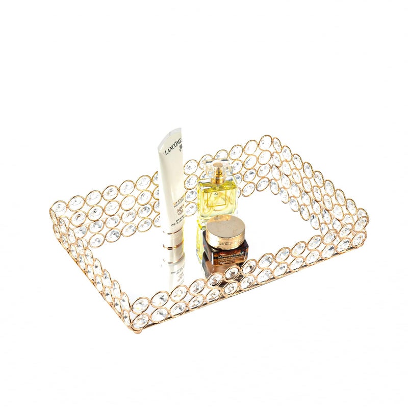 Feyarl Mirrored Crystal Vanity Makeup Tray Ornate Jewelry Trinket Organizer Cosmetic Perfume Bottle Decorative Tray Home Deco Dresser Skin Care Storage (Rectangle 12" x 8") - Image 1
